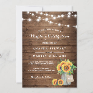 Rustic Sunflowers Mason Jar String Lights Wedding Invitation