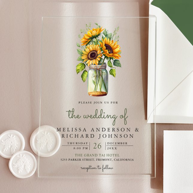 Rustic Sunflowers Mason Jar Wedding Acrylic Invitations (Creator Uploaded)