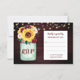 Rustic Sunflowers Mason Jar Wood Wedding RSVP