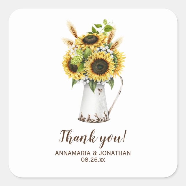 Rustic Sunflowers Metal Pitcher Wedding Thank You Square Sticker (Front)