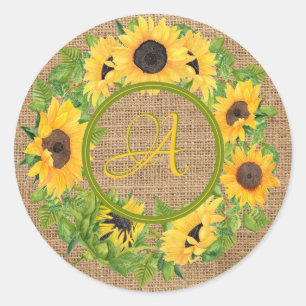 Rustic Sunflowers Monogrammed Burlap Classic Round Sticker