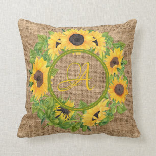 Rustic Sunflowers Monogrammed Burlap Decor Throw Pillow