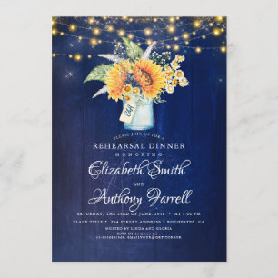 Rustic Sunflowers Navy Blue Rehearsal Dinner Invitation