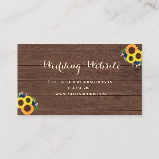 Rustic Sunflowers Navy Blue Roses Wedding Website Enclosure Card (Front)