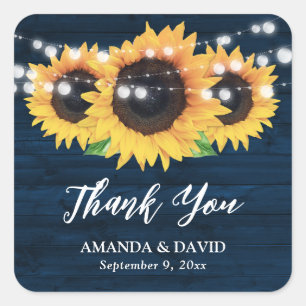 Rustic Sunflowers Navy Blue Wedding Favour Square Sticker