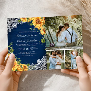 Rustic Sunflowers Navy Blue Wood QR Code Wedding Invitation
