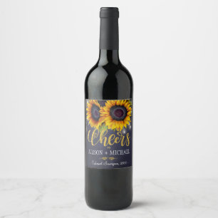 Rustic sunflowers navy chalkboard cheers wedding wine label