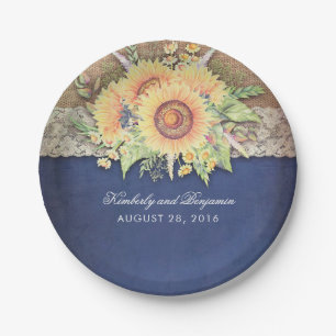 Rustic Sunflowers Navy Wedding Paper Plate