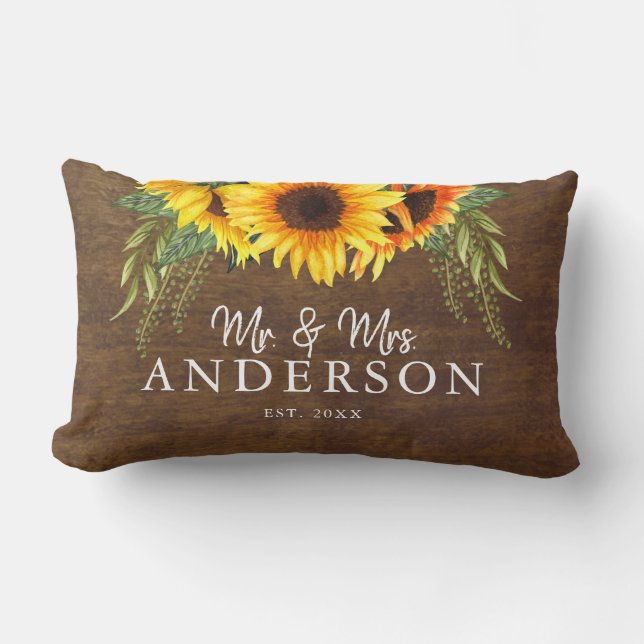 Rustic Sunflowers Newlyweds Mr. and Mrs. Lumbar Pillow (Front)