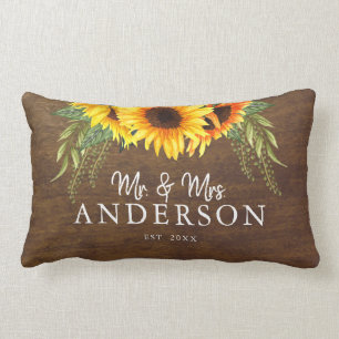 Rustic Sunflowers Newlyweds Mr. and Mrs. Lumbar Pillow
