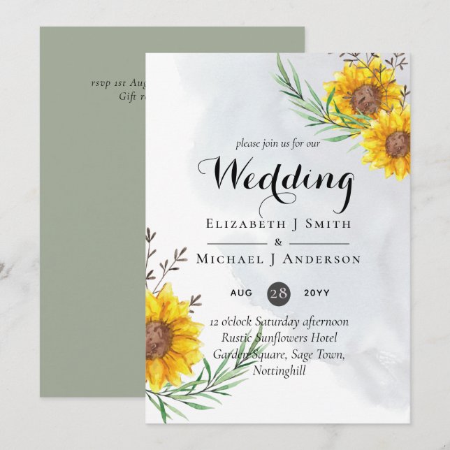 Rustic Sunflowers Olive Leaves Wedding Invites (Front/Back)