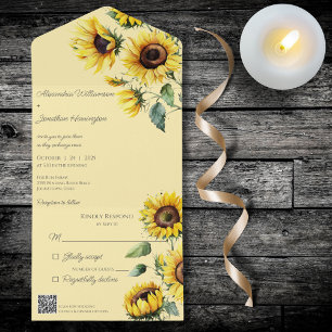 Rustic Sunflowers on Pale Gold with QR Code  All In One Invitation