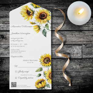 Rustic Sunflowers on White with QR Code All In One Invitation