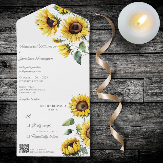 Rustic Sunflowers on White with QR Code  All In One Invitation (Creator Uploaded)