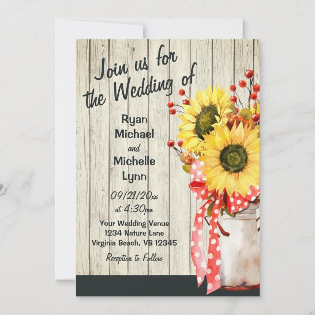Rustic Sunflowers on Wood All In One Wedding Invitation (Front)
