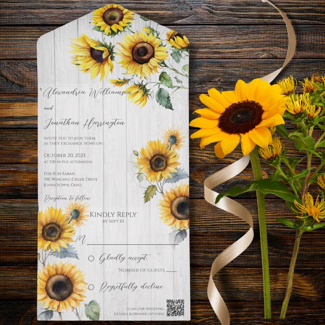 Rustic Sunflowers on Wood QR Code  All In One Invitation (Creator Uploaded)