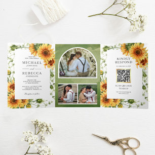 Rustic Sunflowers Photo Arch QR Code Wedding Tri-Fold Invitation