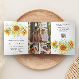 Rustic Sunflowers Photo Collage QR Code Wedding Tri-Fold Invitation