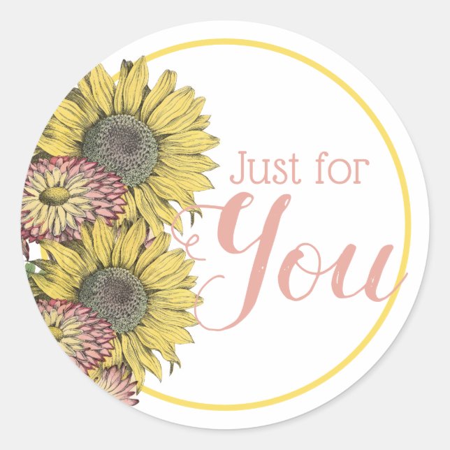 Rustic Sunflowers Pink Yellow Thank You Classic Round Sticker (Front)
