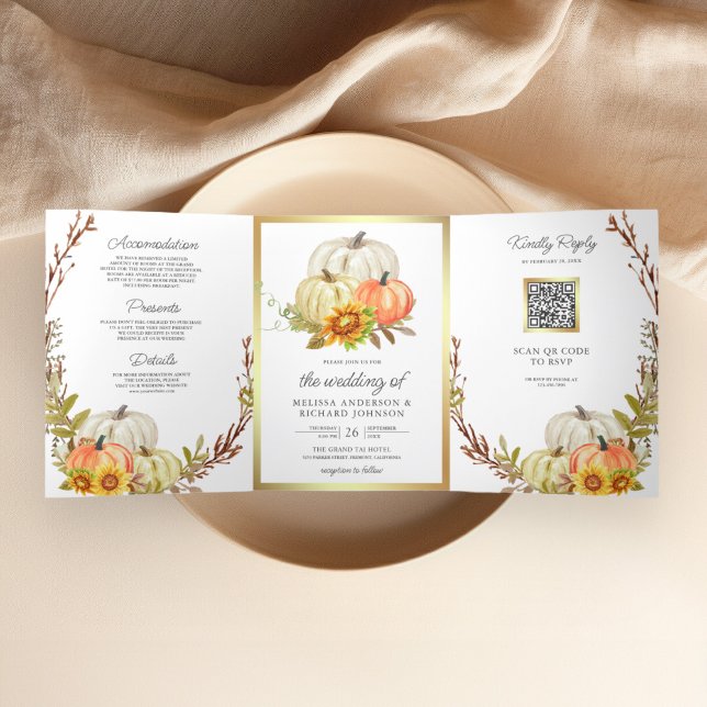 Rustic Sunflowers Pumpkin QR Code Wedding Tri-Fold Invitation (Creator Uploaded)