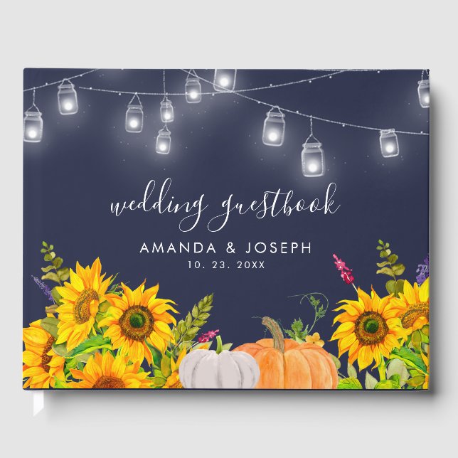 Rustic Sunflowers Pumpkin String Lights Wedding Guest Book (Front)