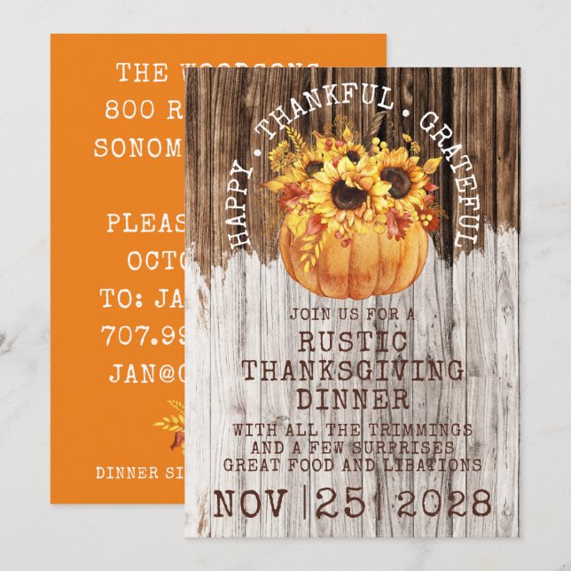 Rustic Sunflowers Pumpkin Wood Thanksgiving Dinner Invitation (Front/Back)