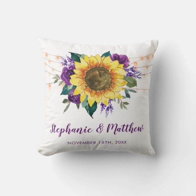 Rustic Sunflowers Purple Floral Lights Wedding Throw Pillow (Front)