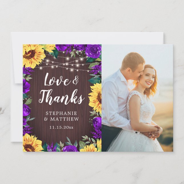 Rustic Sunflowers Purple Floral Wood Wedding Photo Thank You Card (Front)