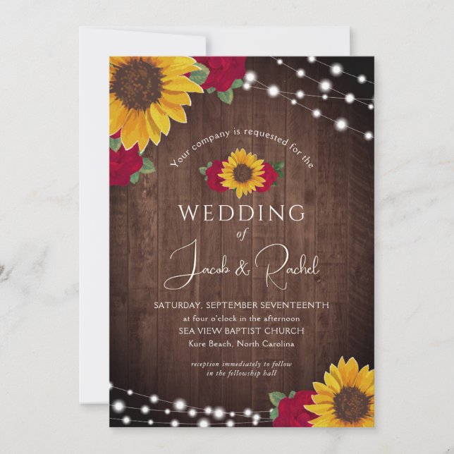 Rustic Sunflowers Red Roses String Lights Wedding Invitation (Front)