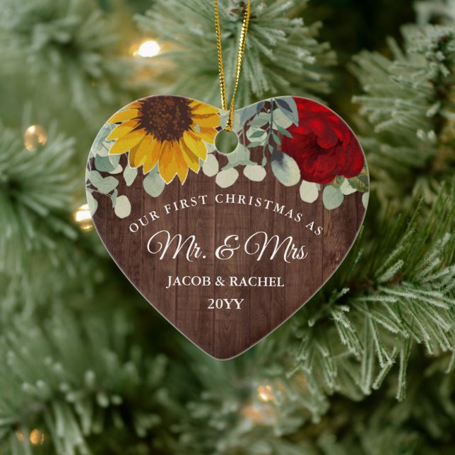 Rustic Sunflowers Roses First Christmas Mr. & Mrs. Ceramic Ornament (Tree)