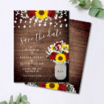 Rustic Sunflowers Roses Jar Lights Save the Date Postcard<br><div class="desc">This design features a mason jar vase filled with burgundy / dark red roses, sunflowers and baby's breath on a rustic wood background with string lights. Click the customize button for more flexibility in modifying the text. Variations of this design, different paper types which *do* include envelopes, as well as...</div>