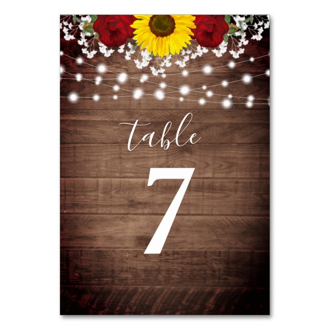 Rustic Sunflowers Roses Jar Lights Wedding Table Number (Front)