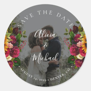 Rustic sunflowers roses photo wedding save date classic round sticker