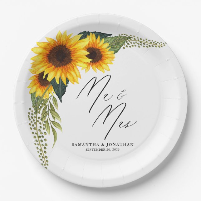 Rustic Sunflowers Script Mr. and Mrs. Wedding Paper Plate (Front)