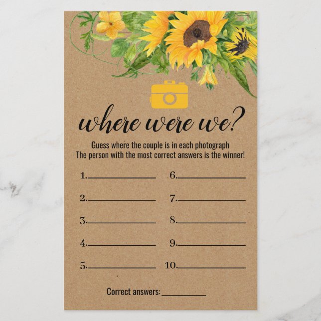 Rustic Sunflowers Shower Game Where Were We Card (Front)