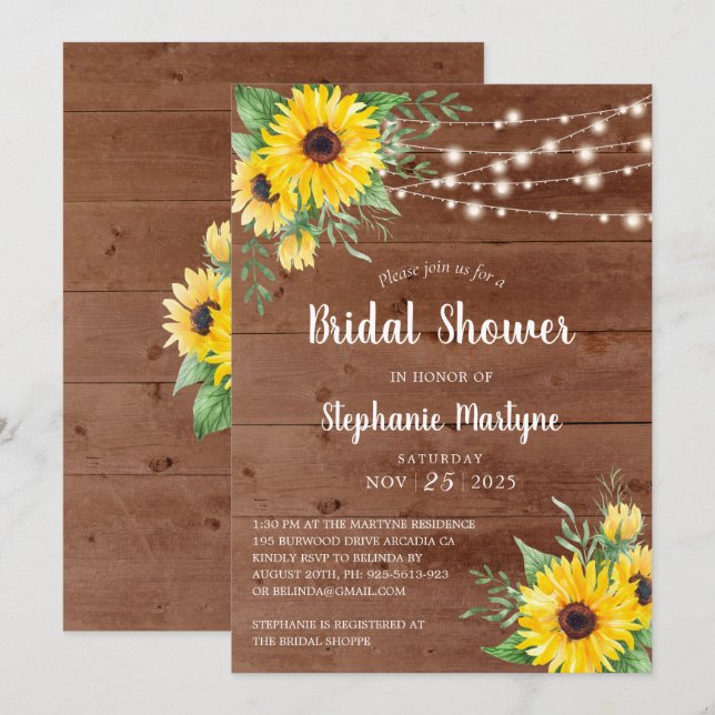 Rustic Sunflowers String Lights Bridal Shower Invitation (Front/Back)