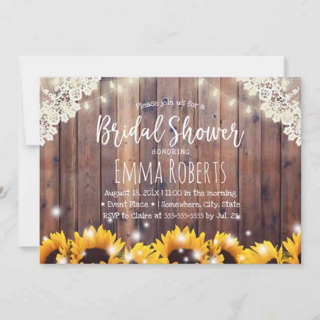 Rustic Sunflowers & String Lights Bridal Shower Invitation (Front)