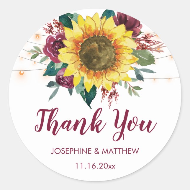 Rustic Sunflowers String Lights Floral Thank You Classic Round Sticker (Front)
