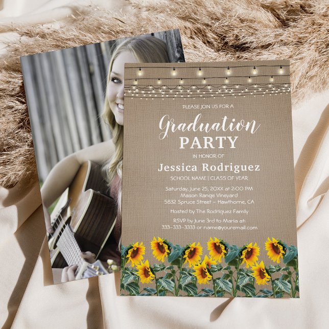 Rustic Sunflowers String Lights Graduation Party Invitation (Creator Uploaded)