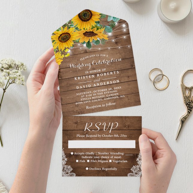 Rustic Sunflowers String Lights Lace Wedding All In One Invitation (Capture the essence of rustic romance with this All In One Invitation.)