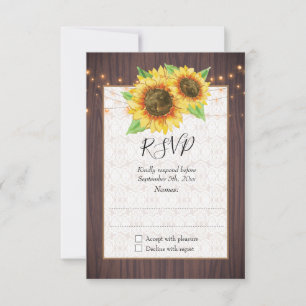 Rustic Sunflowers String Lights Lace Wedding RSVP Card