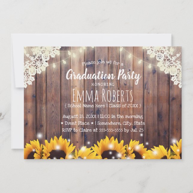 Rustic Sunflowers & String Lights Laced Graduation Invitation (Front)