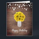 Rustic Sunflowers String Lights Mason Jar Birthday Card<br><div class="desc">This design features watercolor sunflowers in a mason jar vase on a rustic wood background with string lights. Click the customize button for more flexibility in modifying the text or moving the graphics! Variations of this design as well as coordinating products are available in our shop, zazzle.com/store/doodlelulu. Contact us if...</div>