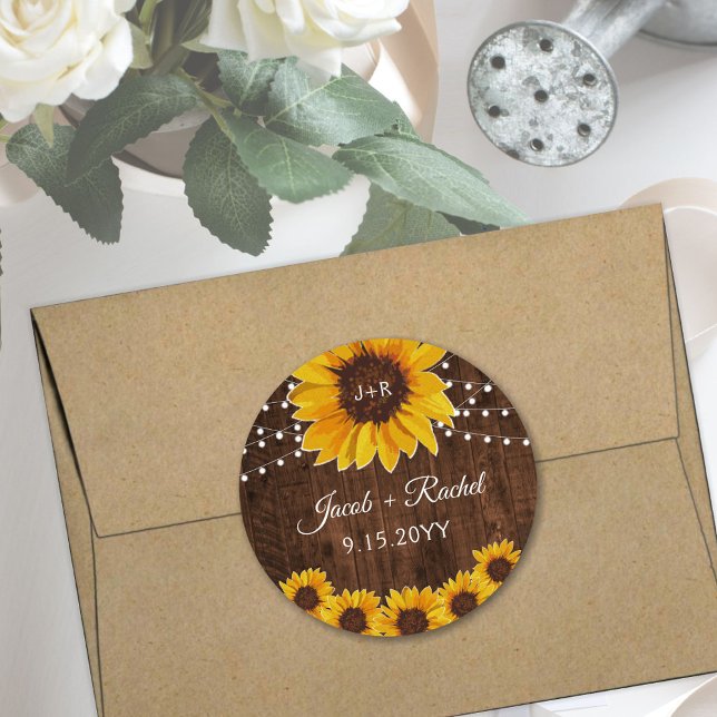 Rustic Sunflowers String Lights Monogram Wedding Classic Round Sticker (Creator Uploaded)