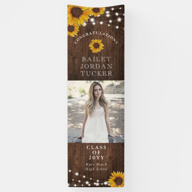 Rustic Sunflowers String Lights Photo Graduation Banner (Vertical)