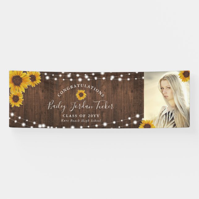 Rustic Sunflowers String Lights Photo Graduation Banner (Horizontal)