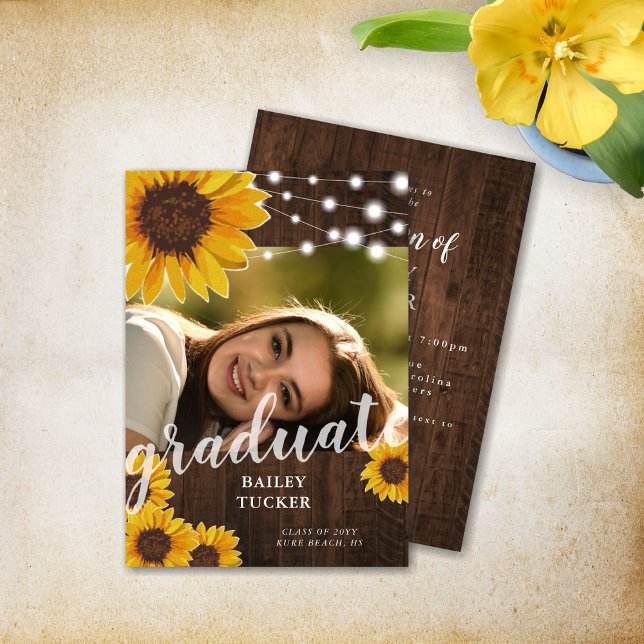 Rustic Sunflowers String Lights Photo Graduation Invitation (Creator Uploaded)