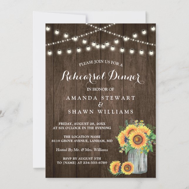 Rustic Sunflowers String Lights Rehearsal Dinner Invitation (Front)