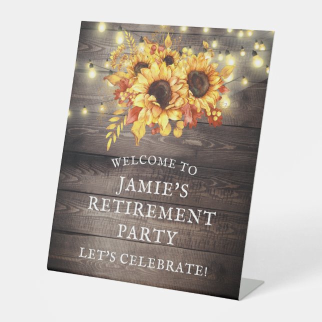 Rustic Sunflowers String Lights Retirement PartY Pedestal Sign (Front)