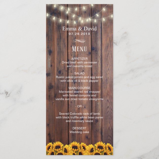 Rustic Sunflowers & String Lights Wedding Menu (Front)